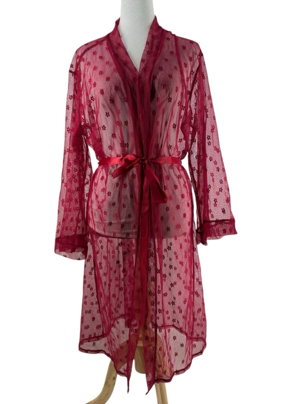 Sheer Lace Robe Burgundy floral tie waist lingerie sexy intimates sz lg